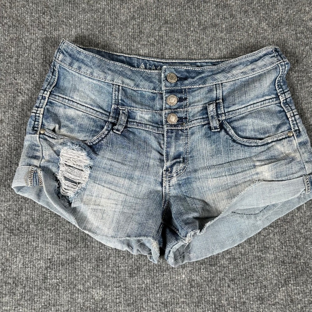 Almost Famous Shorts Womens Size 5 Blue High Waisted Distressed Triple